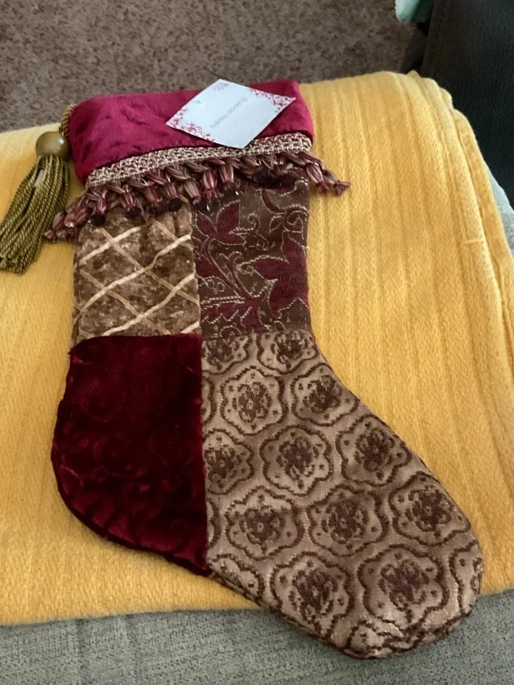 Christmas Stocking Patchwork Jacquard Velvet Cuff Tassel Burgundy Gold 20